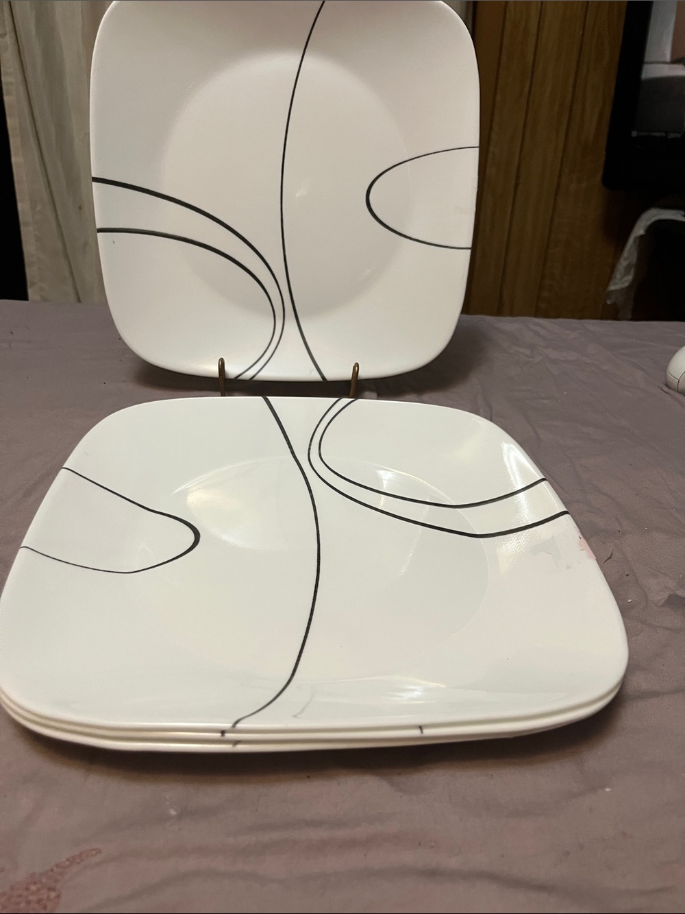 White Square Dinner Plate Set with Black Line Accent corelle